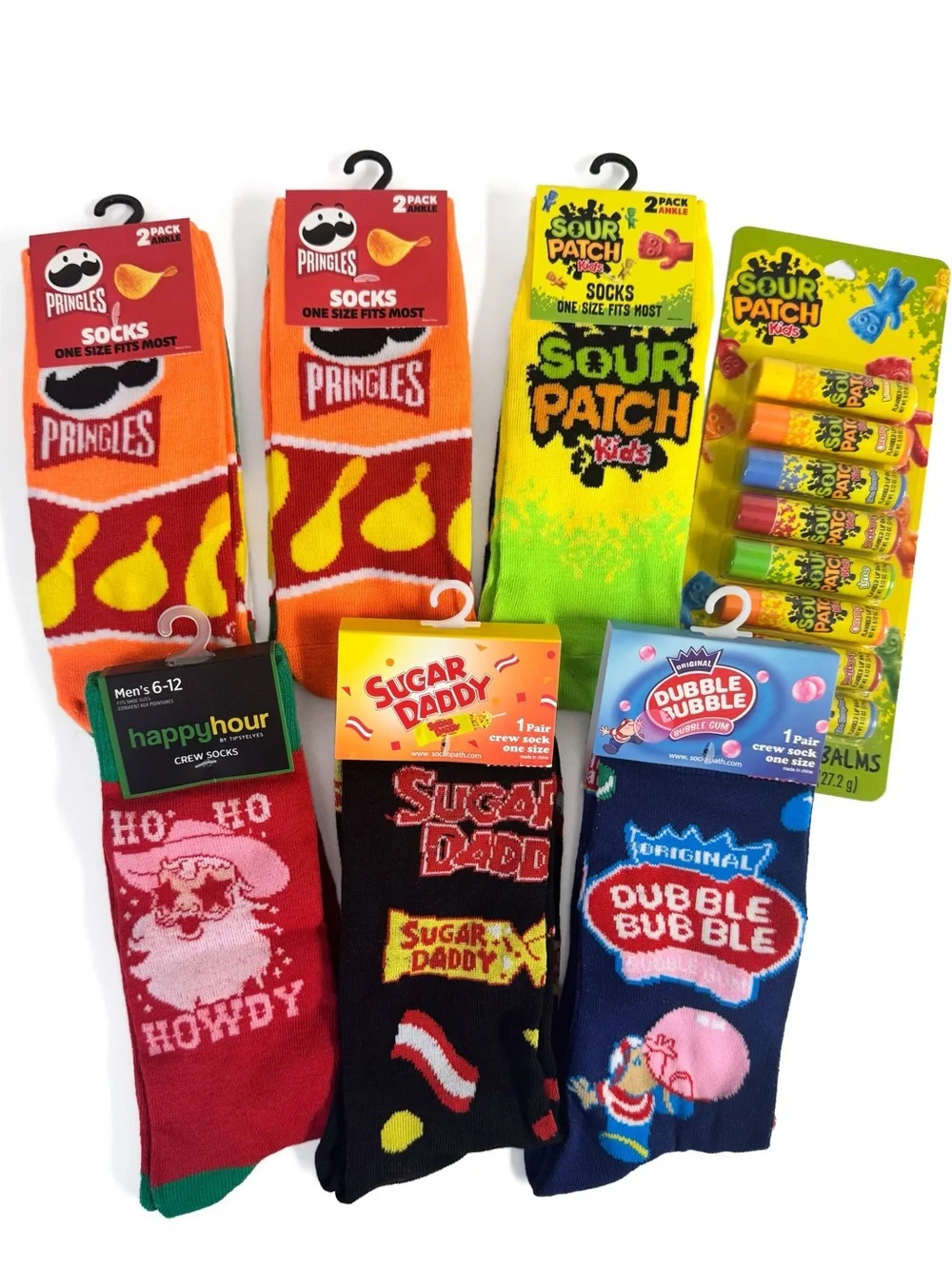 Novelty Socks & Sour Patch Lip Balm Lot Pringles Reese’s Sugar Daddy Tipsy Elves